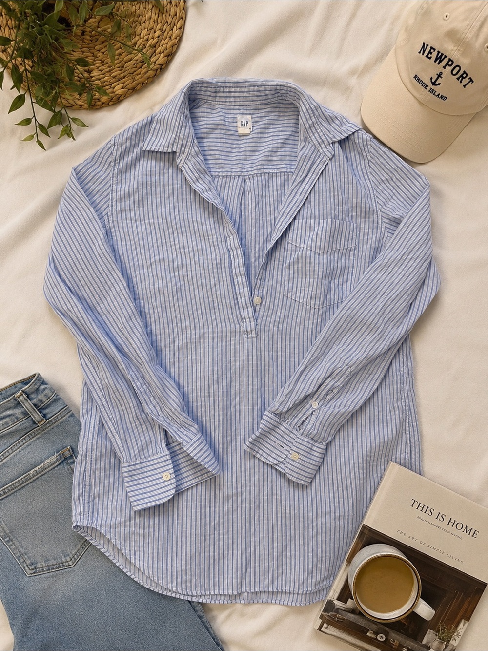 Gap Blue & White Striped Boyfriend Popover Shirt Size Small